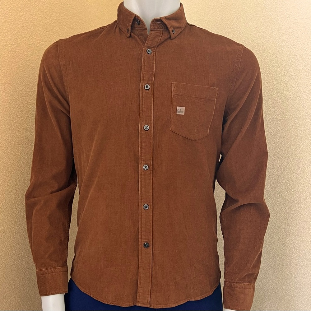 Express Mens Bronze Brown Classic Fit Corduroy Long Sleeve Button Pocket Shirt
